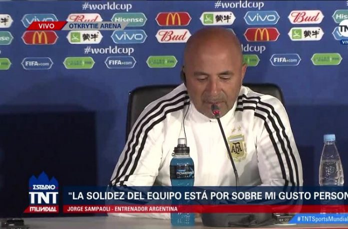 Argentina coach Jorge Sampaoli at a press conference during the 2018 FIFA World Cup.